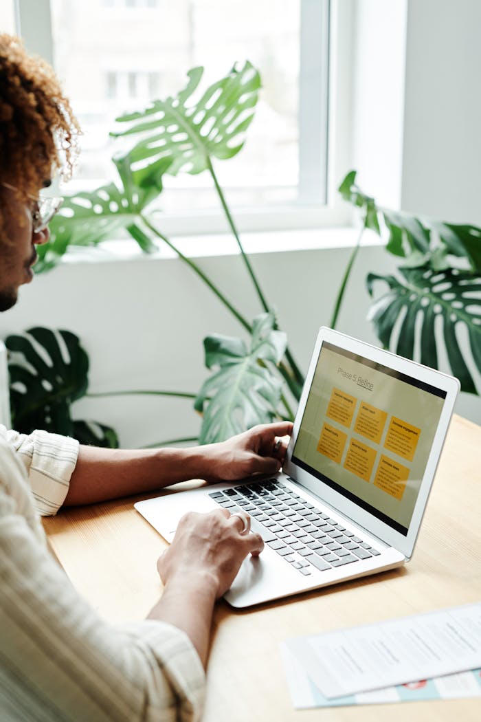 Person working on laptop at desk with lush plants by the window, creating a serene office environment.